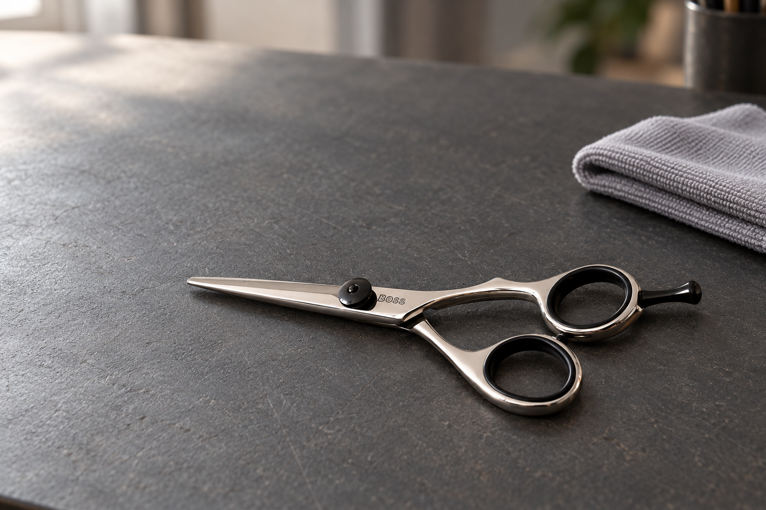 Boss Scissors on a dark salon work surface